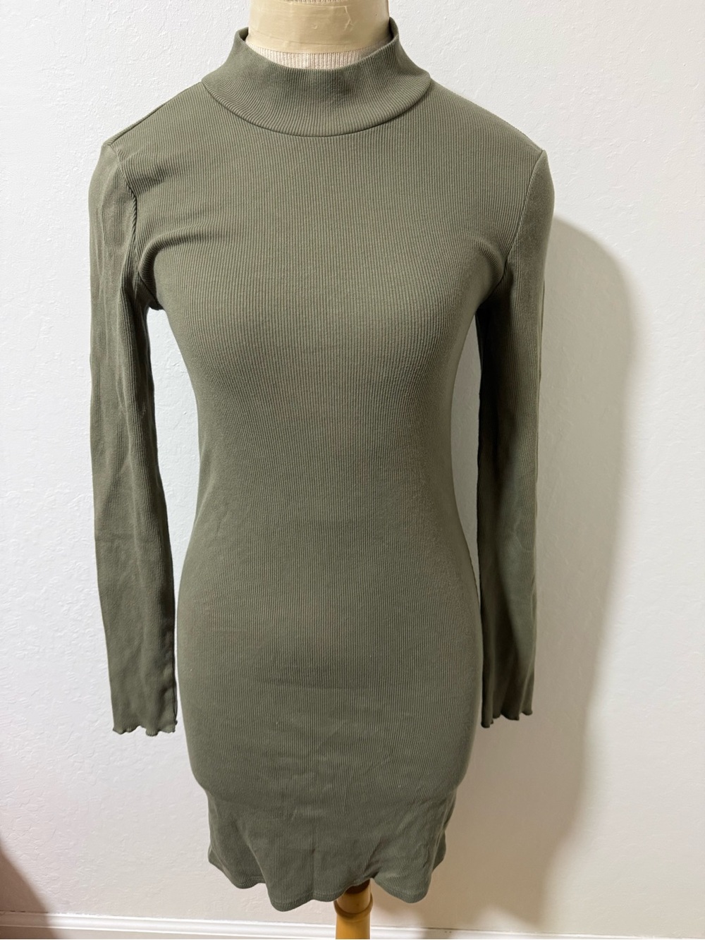 Abercrombie & Fitch Olive Green Ribbed Turtleneck Bodycon Dress